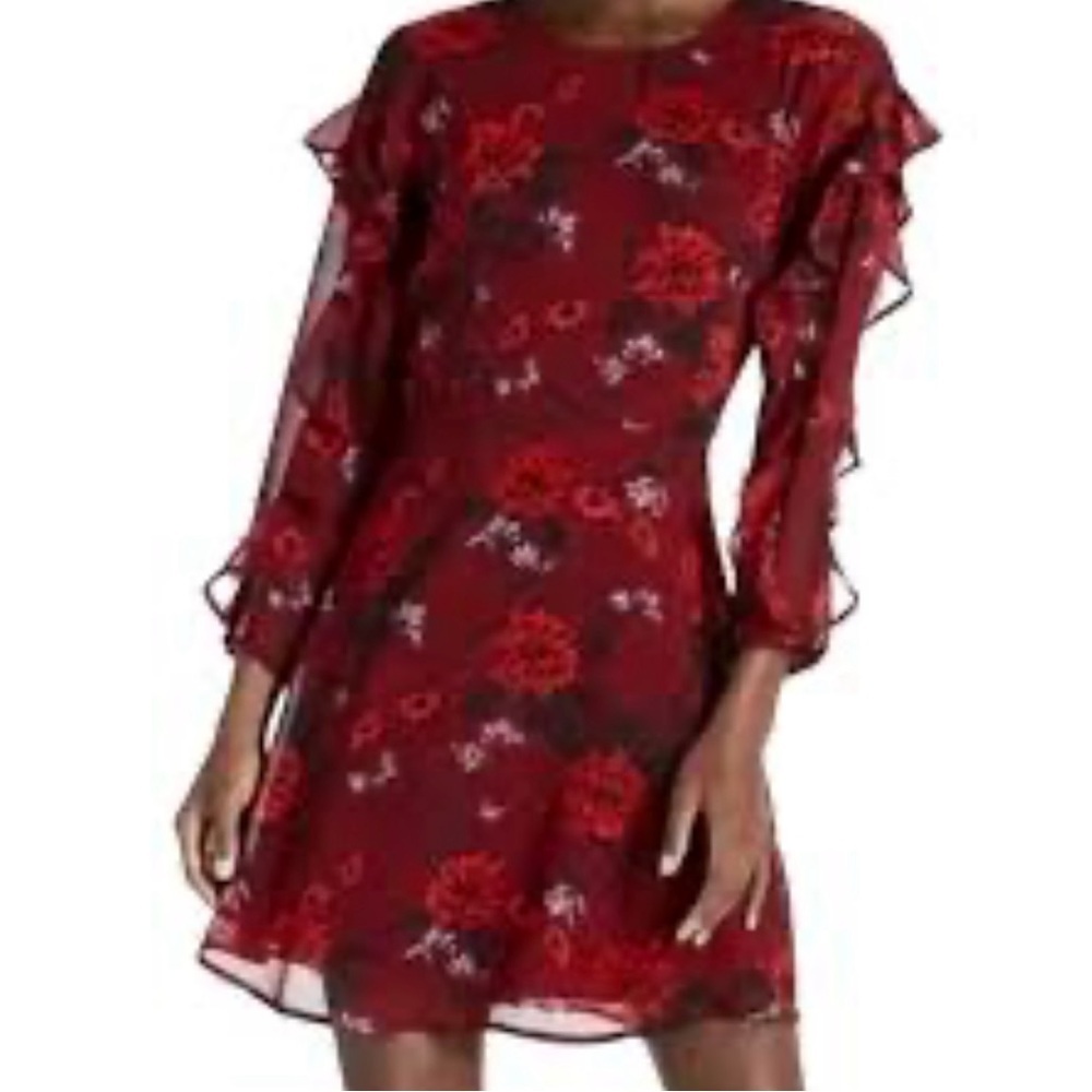 Lucky Brand Deep Wine Floral Long Sleeve Ruffle Dress - Romantic Boho
